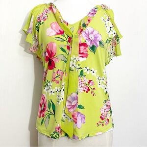 7TH AVENUE bright floral flutter sleeve tie v-neck knit top sheer sleeve top M